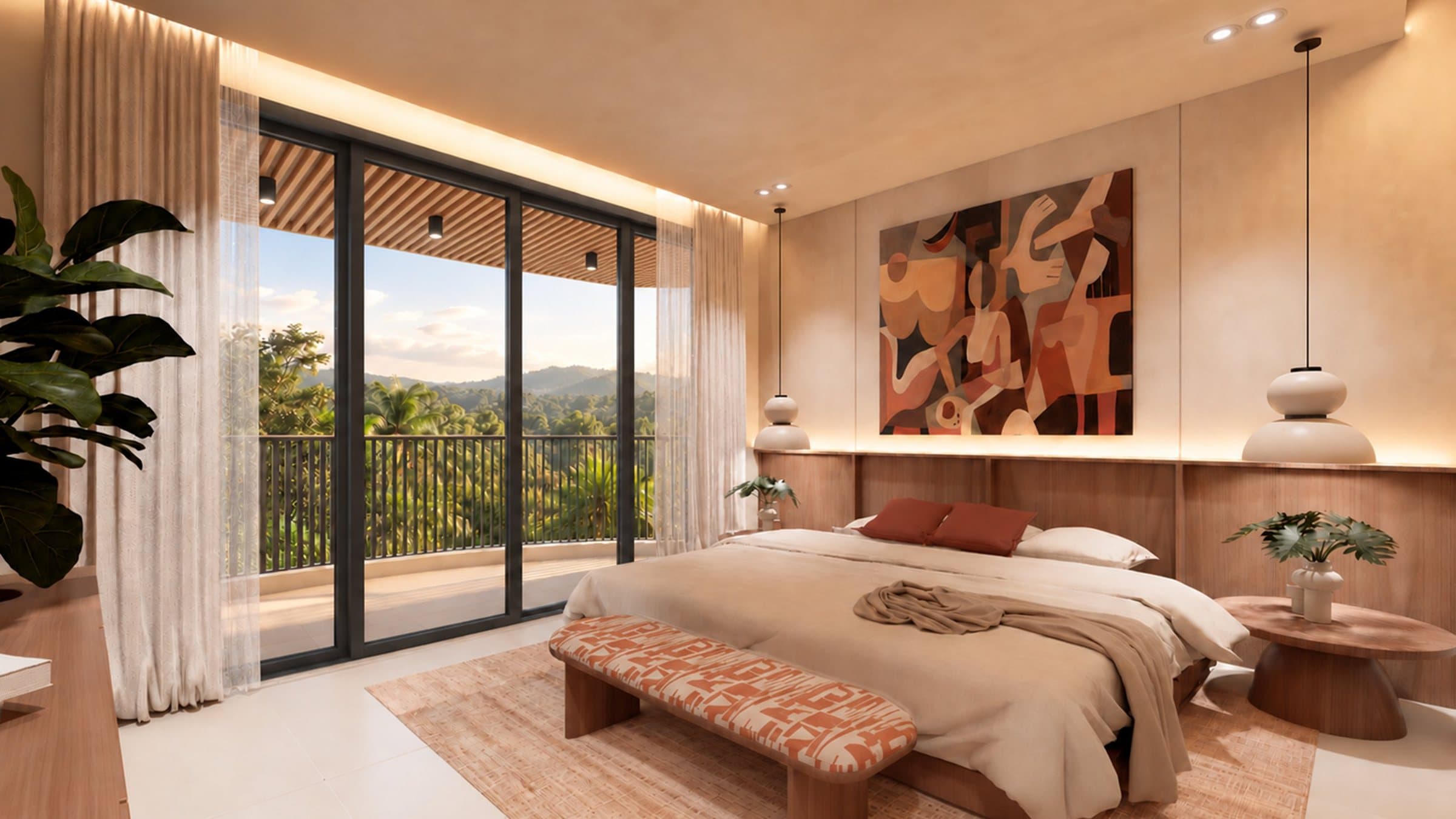 Bedroom in warm tones opening onto a balcony