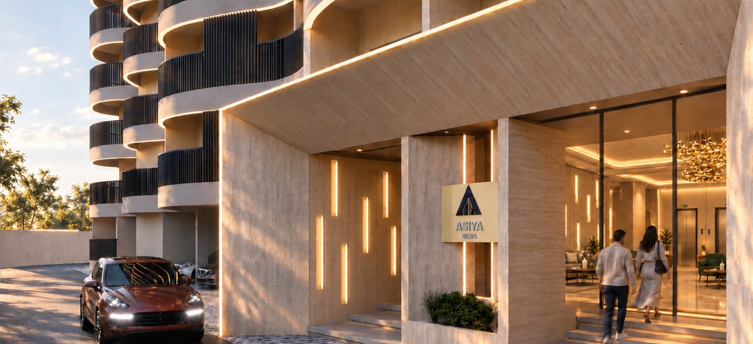 Covered drop-off with stone-clad walls traced in warm linear light