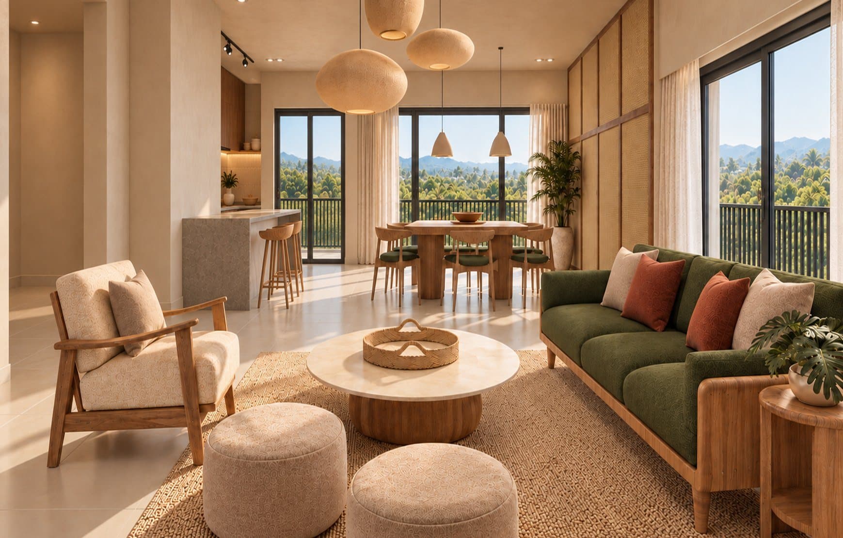 Living room flowing into dining with tall glazing onto the hills