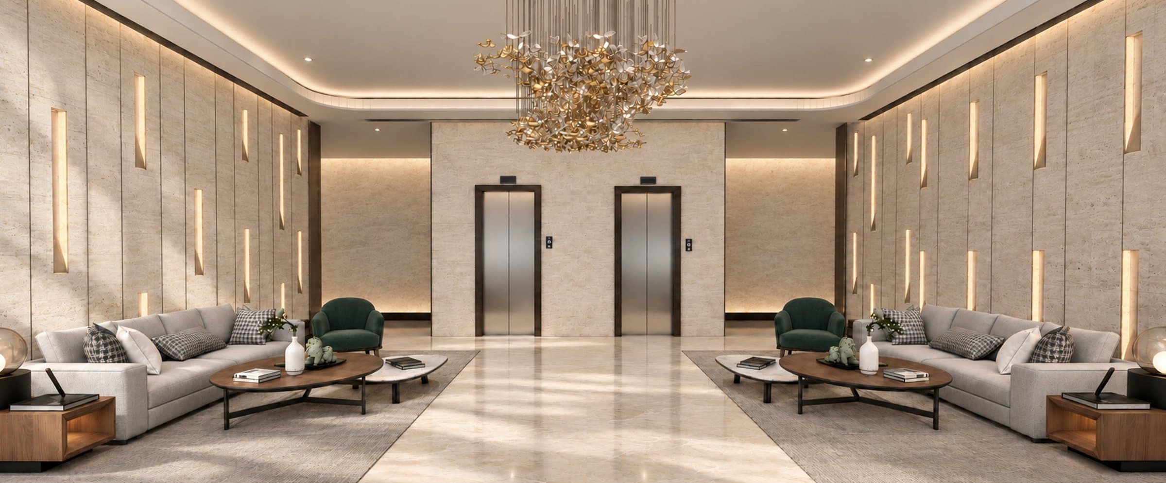 Lobby with lounge seating and a sculptural chandelier