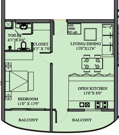1 BHK · Unit 208 · 902 sq ft
