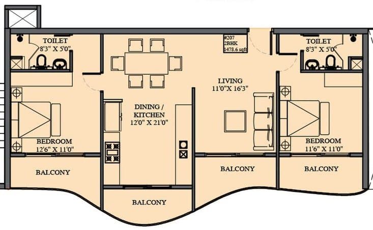 2 BHK · Unit 207 · 1,478.62 sq ft
