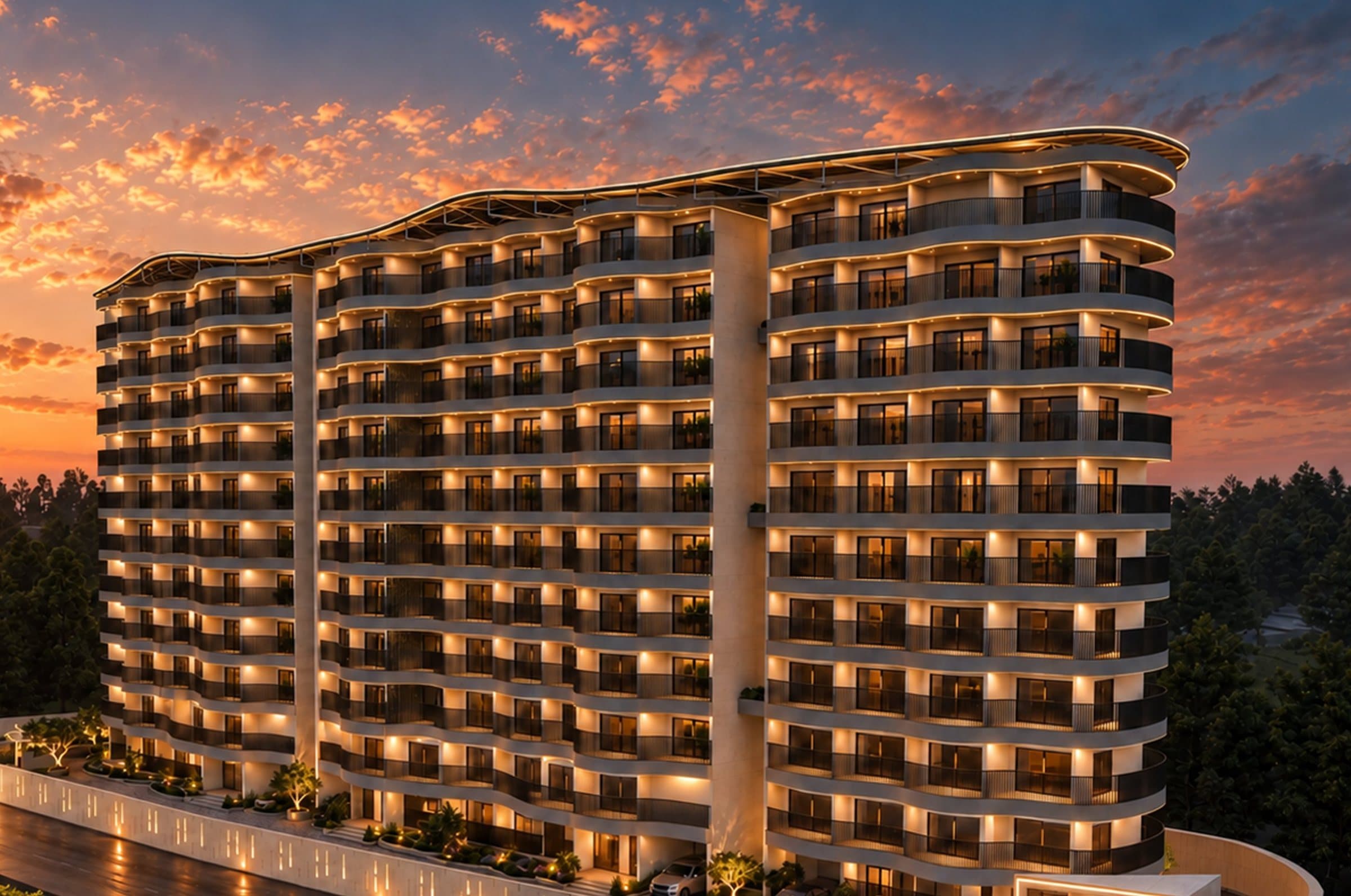 Asiya Views at sunset, every balcony glowing